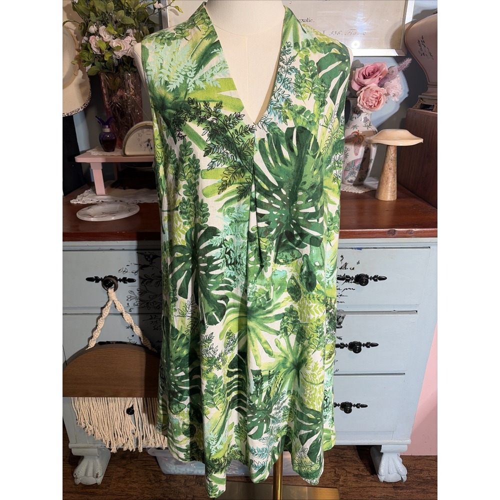 Tommy Bahama Fronderlust Linen Blend Tropical Shift Dress Green Women's Sz Med.
